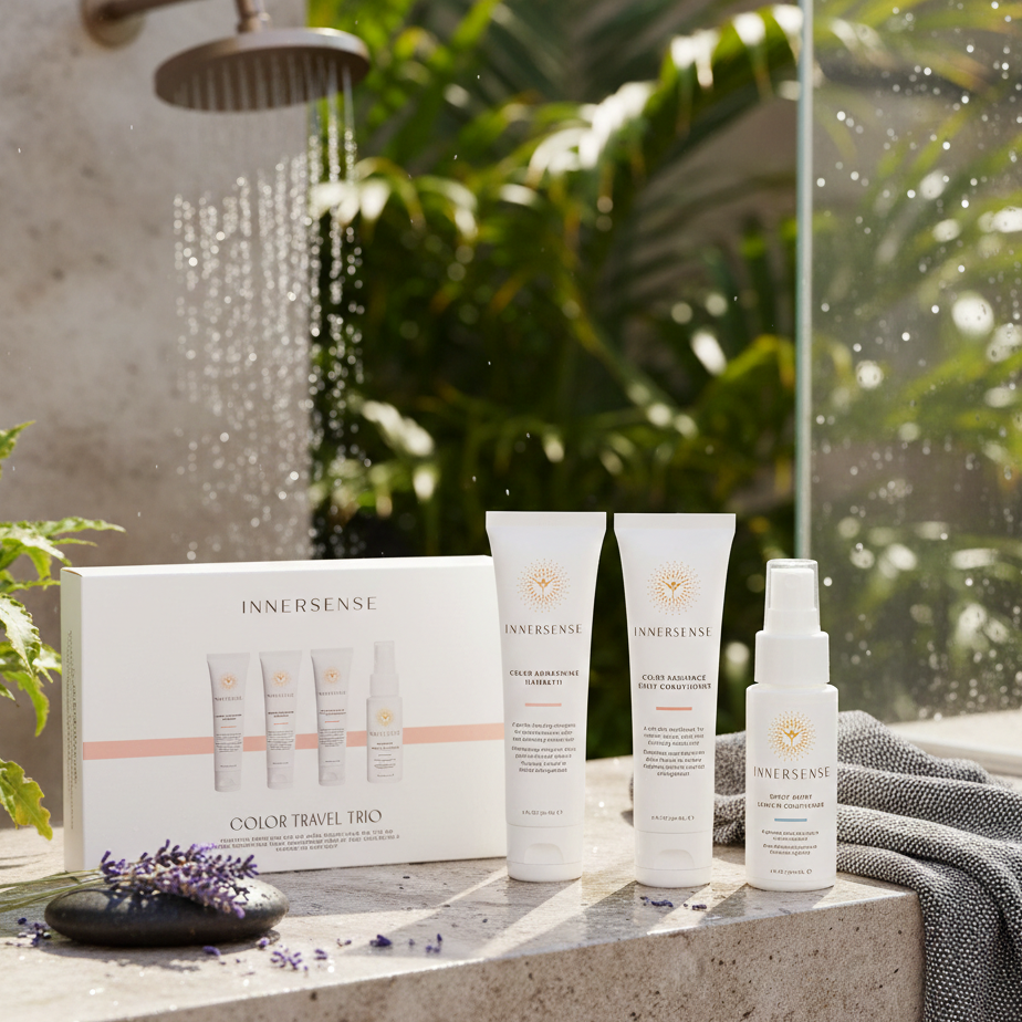 Innersense skincare products on a bathroom counter with a shower and plants in the background