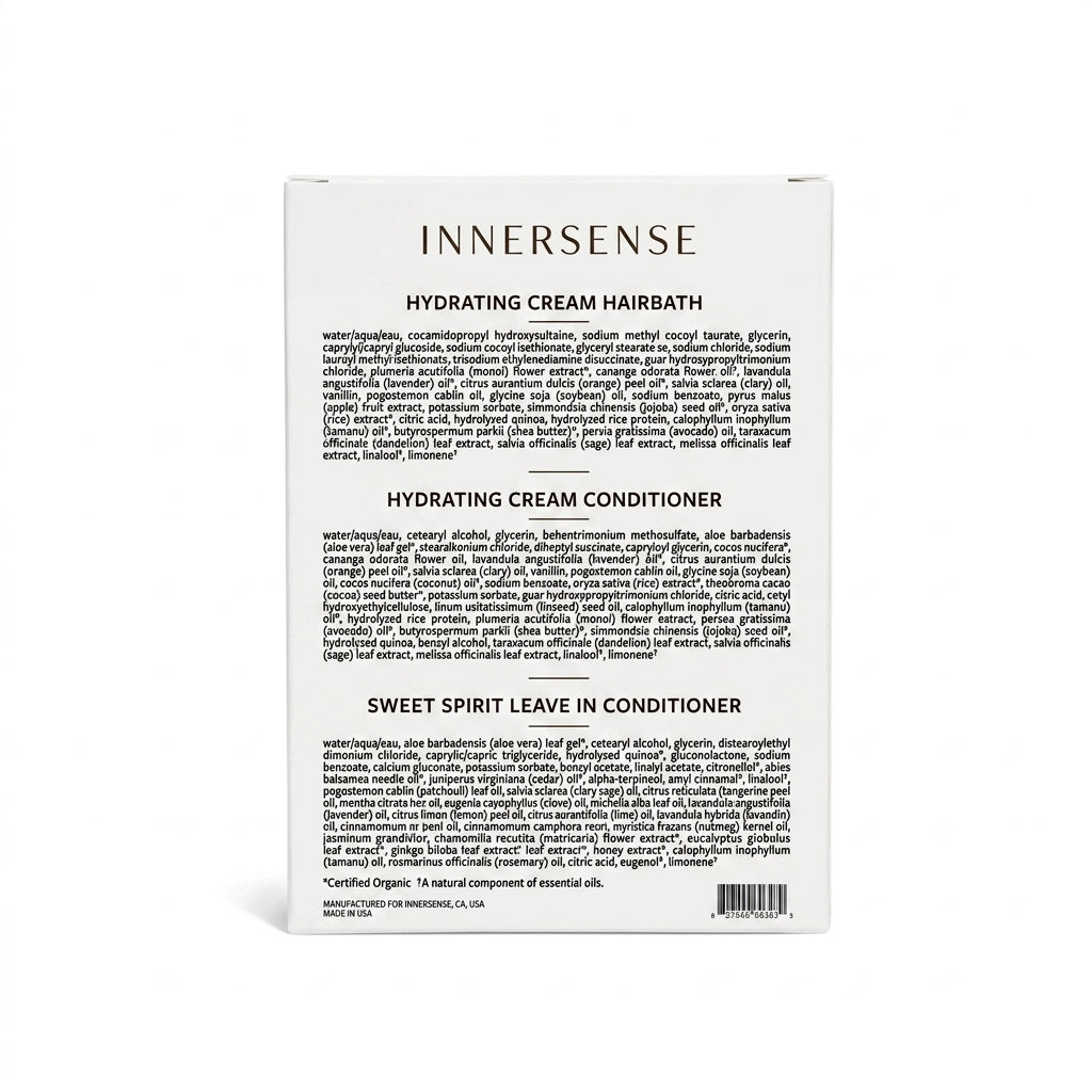 The back of a white Innersense Hydrating Cream Hairbath box, showing the product ingredients and text in black print, set against a plain white background.