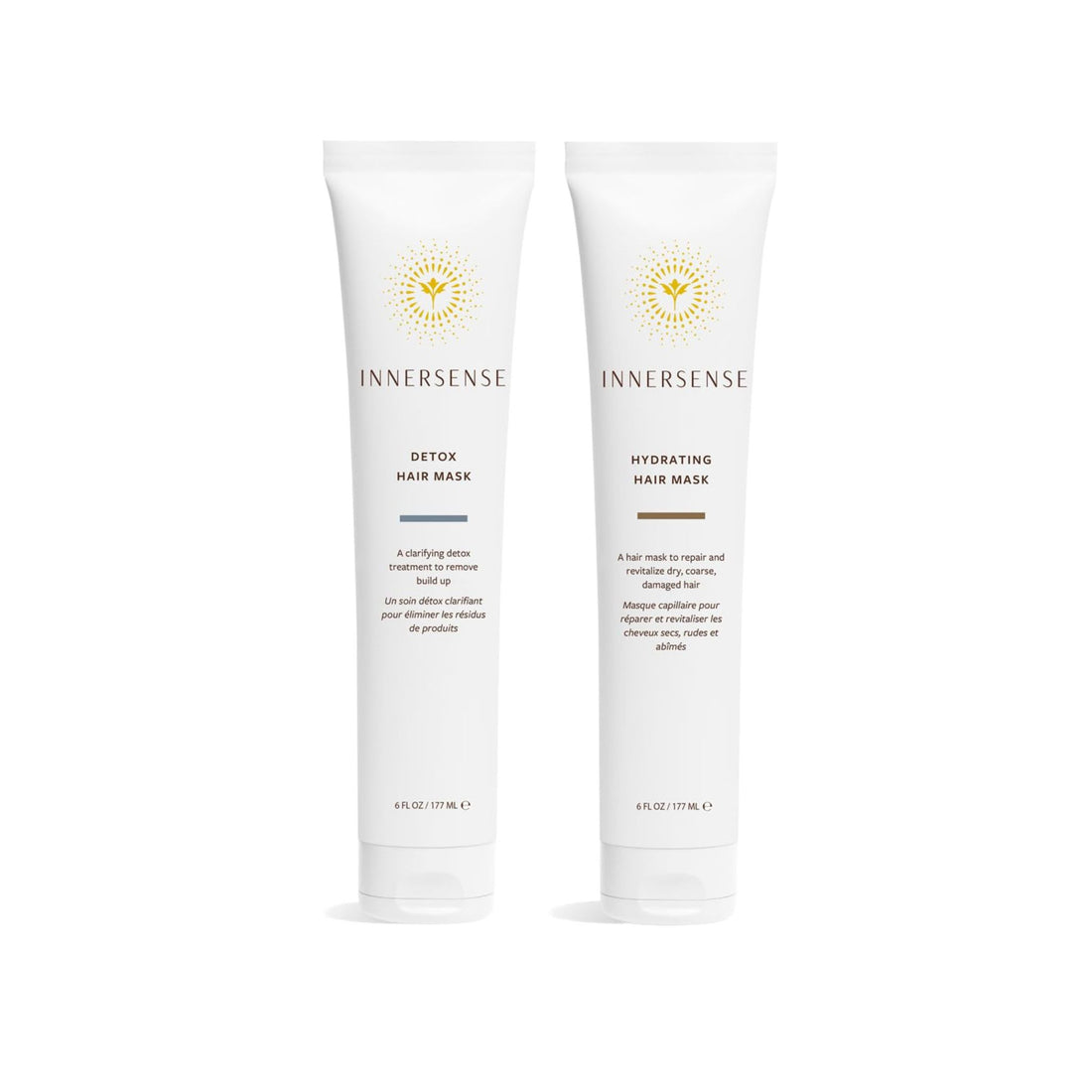 Two Innersense hair mask bottles on a white background