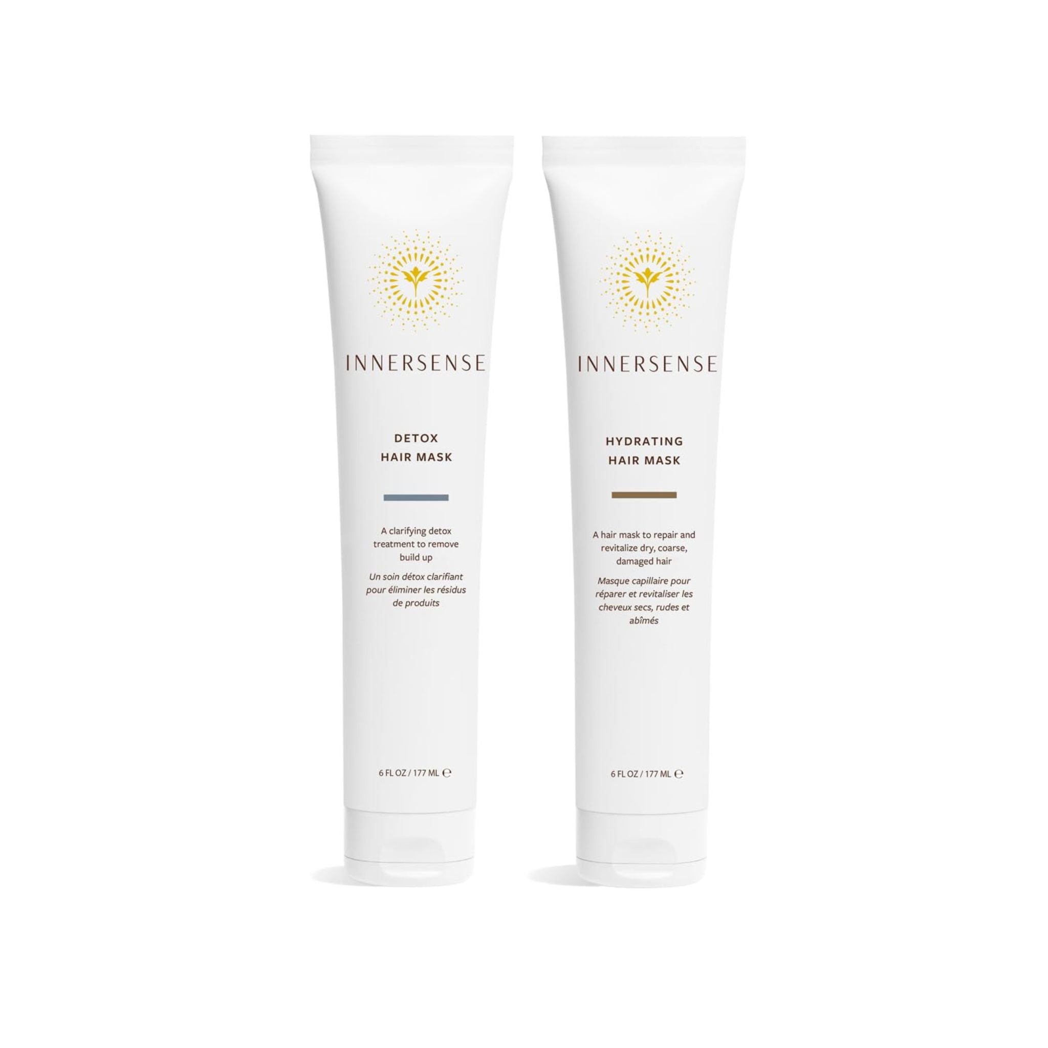 Two Innersense hair mask bottles on a white background