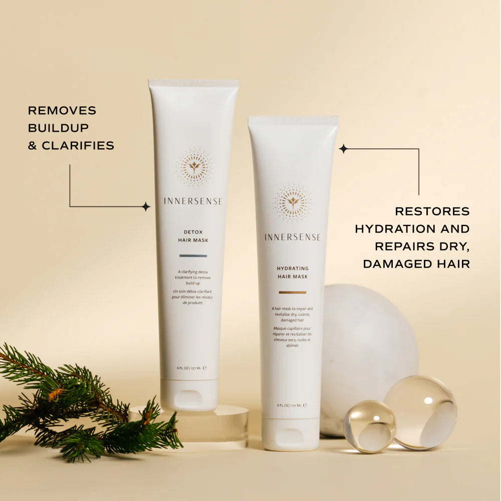 Two Innersense hair mask bottles on a beige background with text describing their benefits.