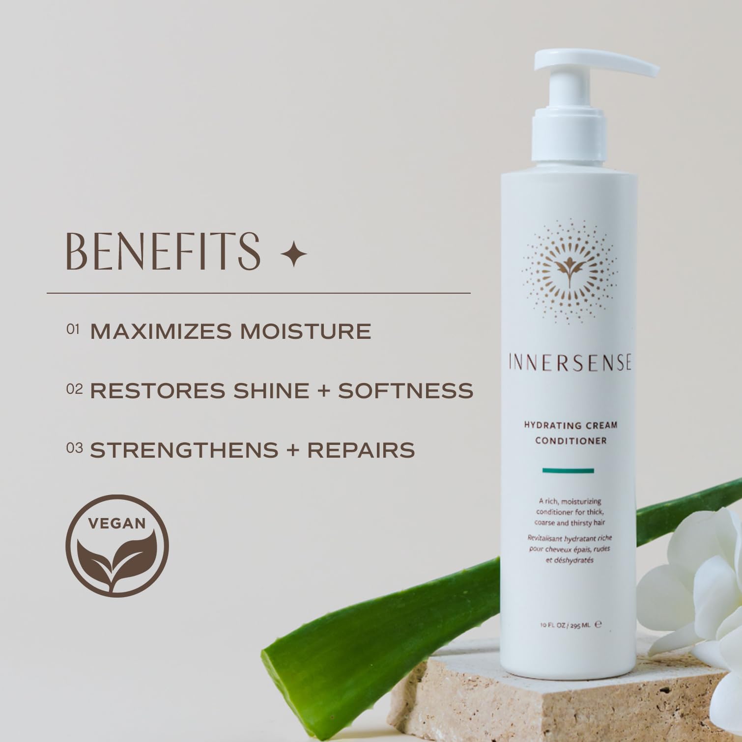 Innersense hydrating cream conditioner bottle with benefits listed on a light background
