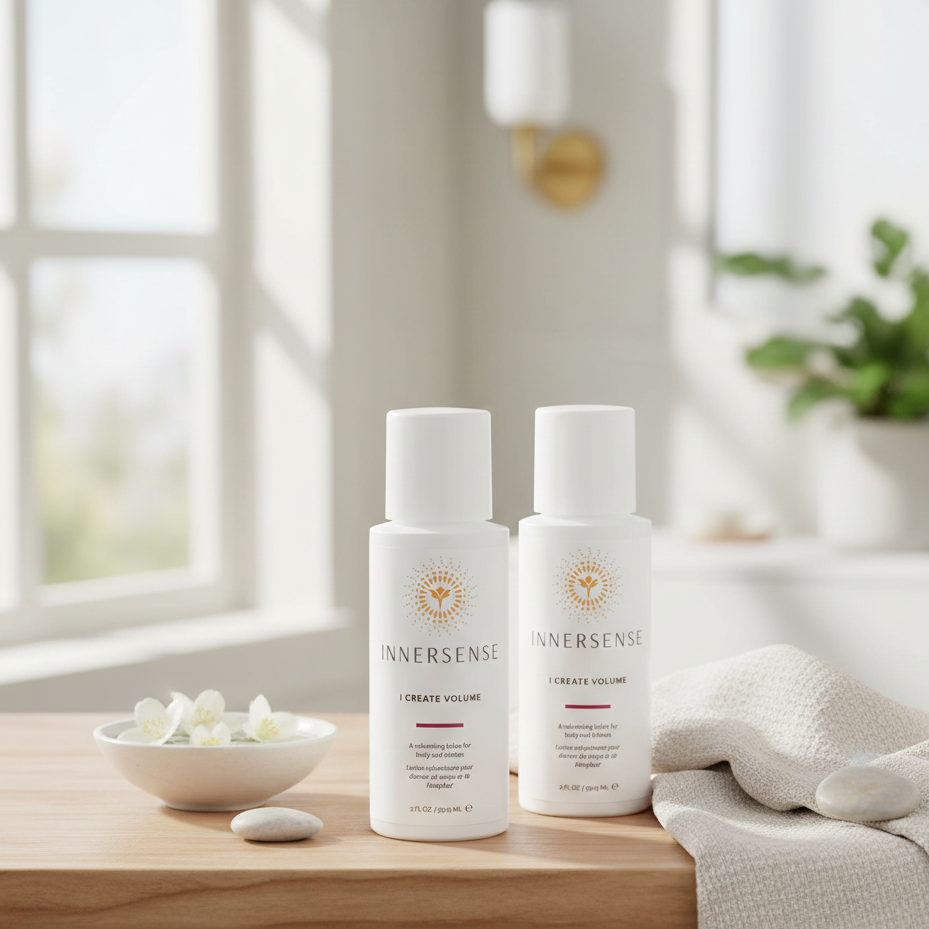 Two bottles of Innersense products on a wooden surface with a window and plant in the background.