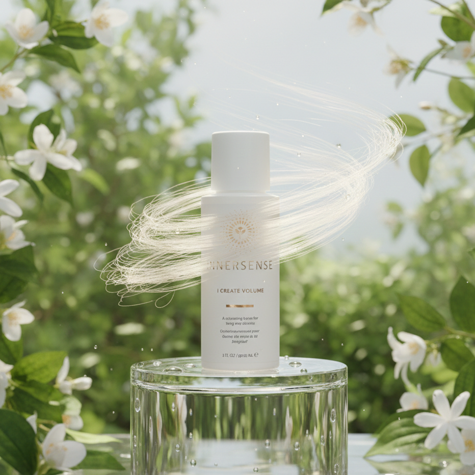 Skincare bottle on a clear stand with floral background