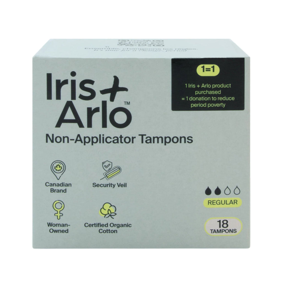 A light gray box of Iris + Arlo Non-Applicator Tampons, Regular size, 18 tampons, on a plain white background.