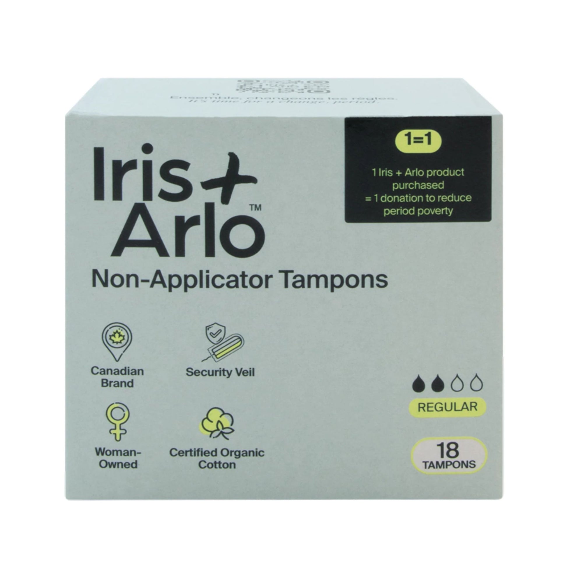 A light gray box of Iris + Arlo Non-Applicator Tampons, Regular size, 18 tampons, on a plain white background.