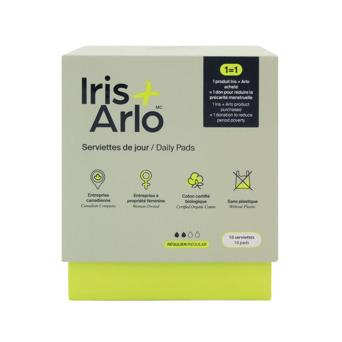 A box of Iris Arlo MC daily pads, featuring a light sage green box with black and lime green branding and a bright lime green base, on a white background.
