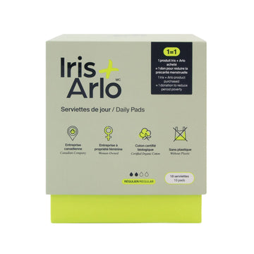 A box of Iris Arlo MC daily pads, featuring a light sage green box with black and lime green branding and a bright lime green base, on a white background.