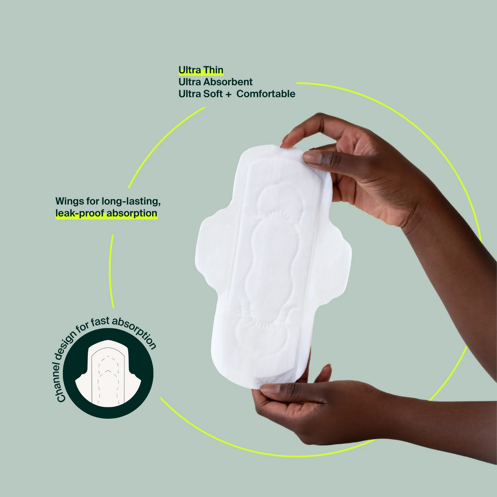 Hand holding a white sanitary pad with text on a light green background