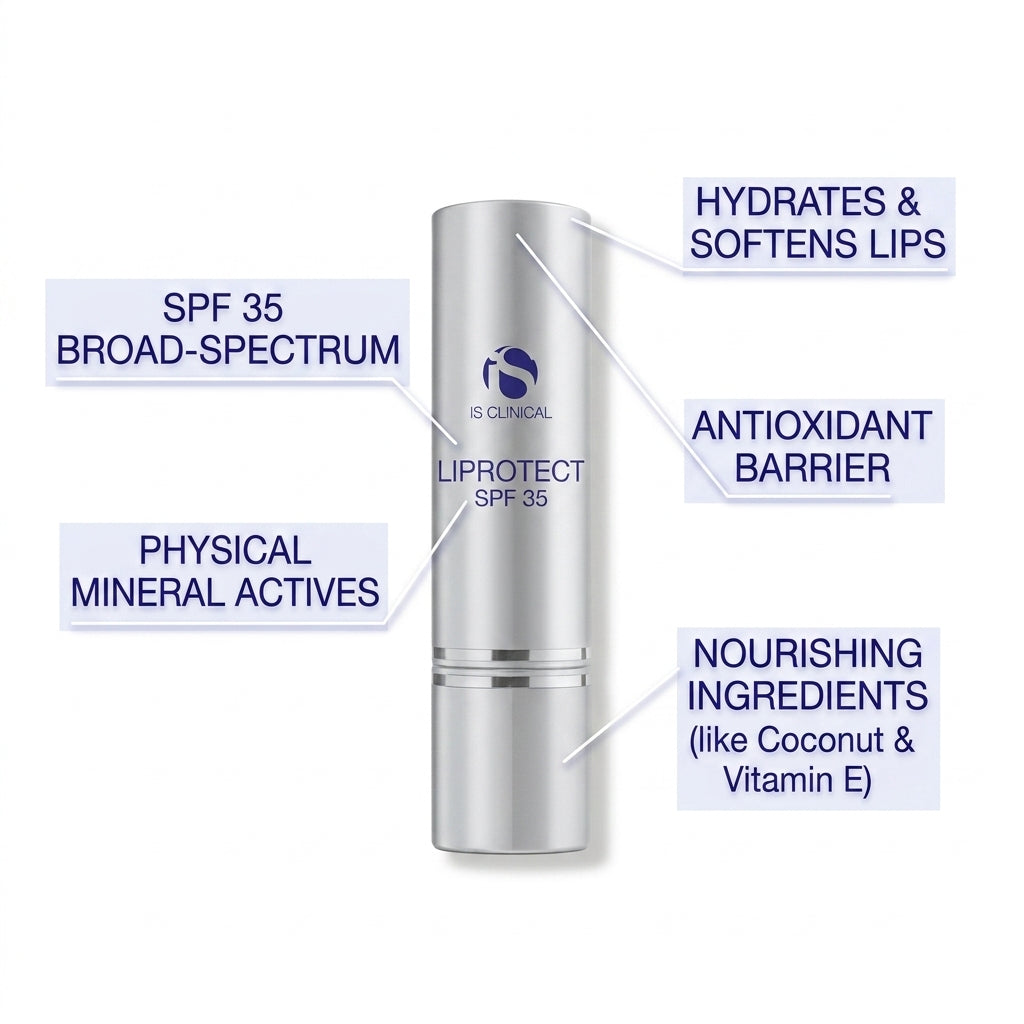 A silver cosmetic tube labeled IS CLINICAL Lipprotect SPF 35, shown on a white background with callout text boxes describing product features such as broad-spectrum SPF 35, physical mineral actives, hydrates and softens lips, antioxidant barrier, and nourishing ingredients.