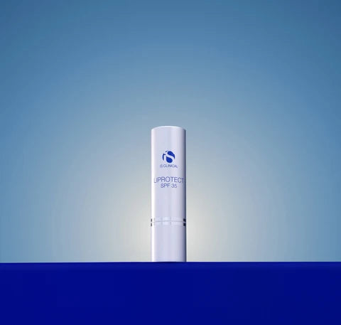 A single white cylindrical sunscreen tube standing upright on a dark blue surface against a blue gradient background. The tube is branded EUGENI with 'EUGENI UPPROTECT SPF 30' printed on it.