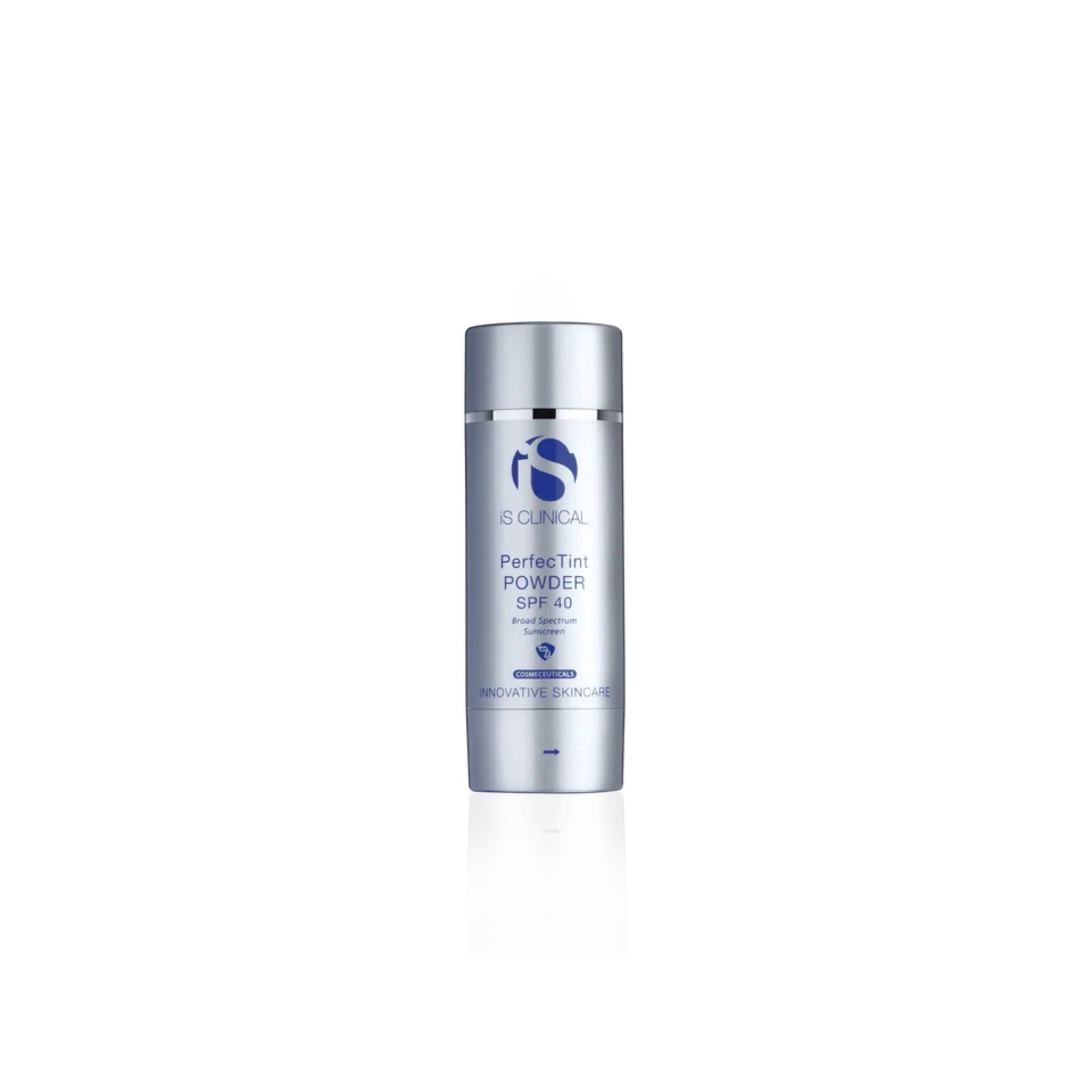 A silver cylindrical bottle of IS CLINICAL PerfectTint POWDER SPF 40, shown against a plain white background with a subtle reflection below.
