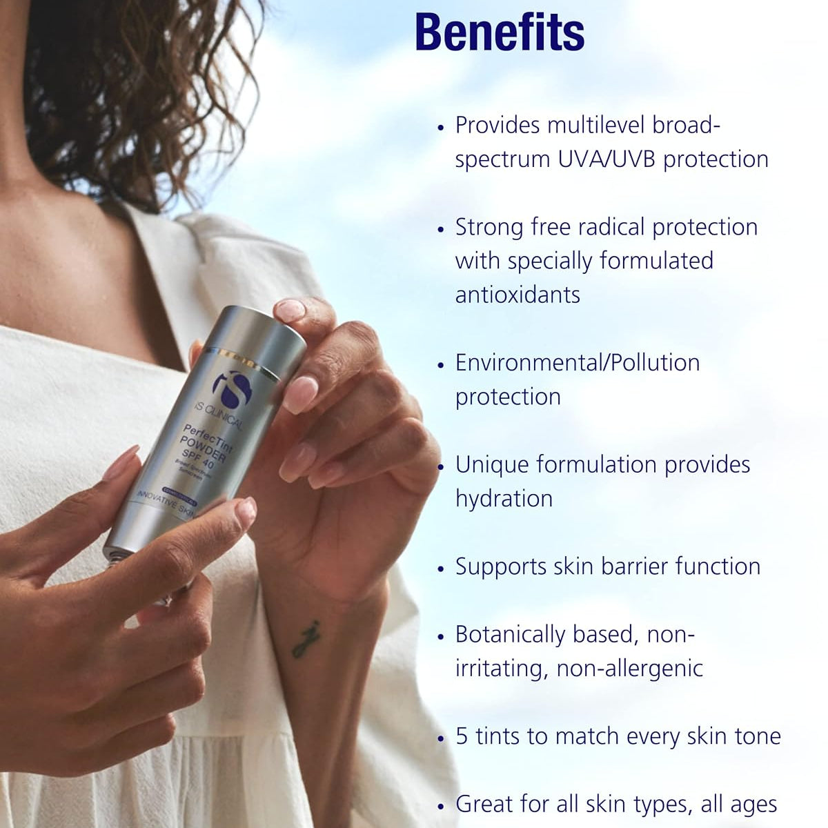 A woman in a white top holds a silver bottle of Estelé Radiance Defense SPF 30 sunscreen against a bright sky background, with a text list on the right detailing product benefits.