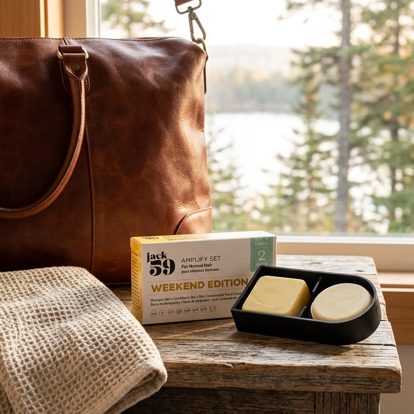 Brown leather bag, blanket, and soap products on a wooden surface with a window view of trees and water.