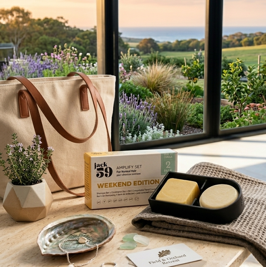 Product set with a box labeled 'Weekend Edition' on a table with a scenic view outside.