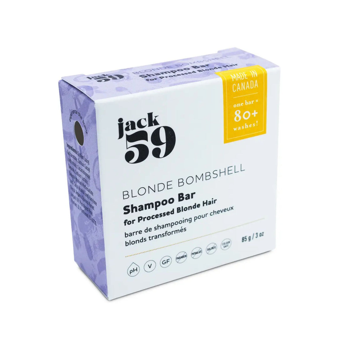 A box of Jack 59 Blonde Bombshell Shampoo Bar, designed for processed blonde hair. The packaging is primarily white with light purple patterned accents on the top and sides, and a bright yellow 'Made in Canada' and 'Washes per bar' label on the upper right.