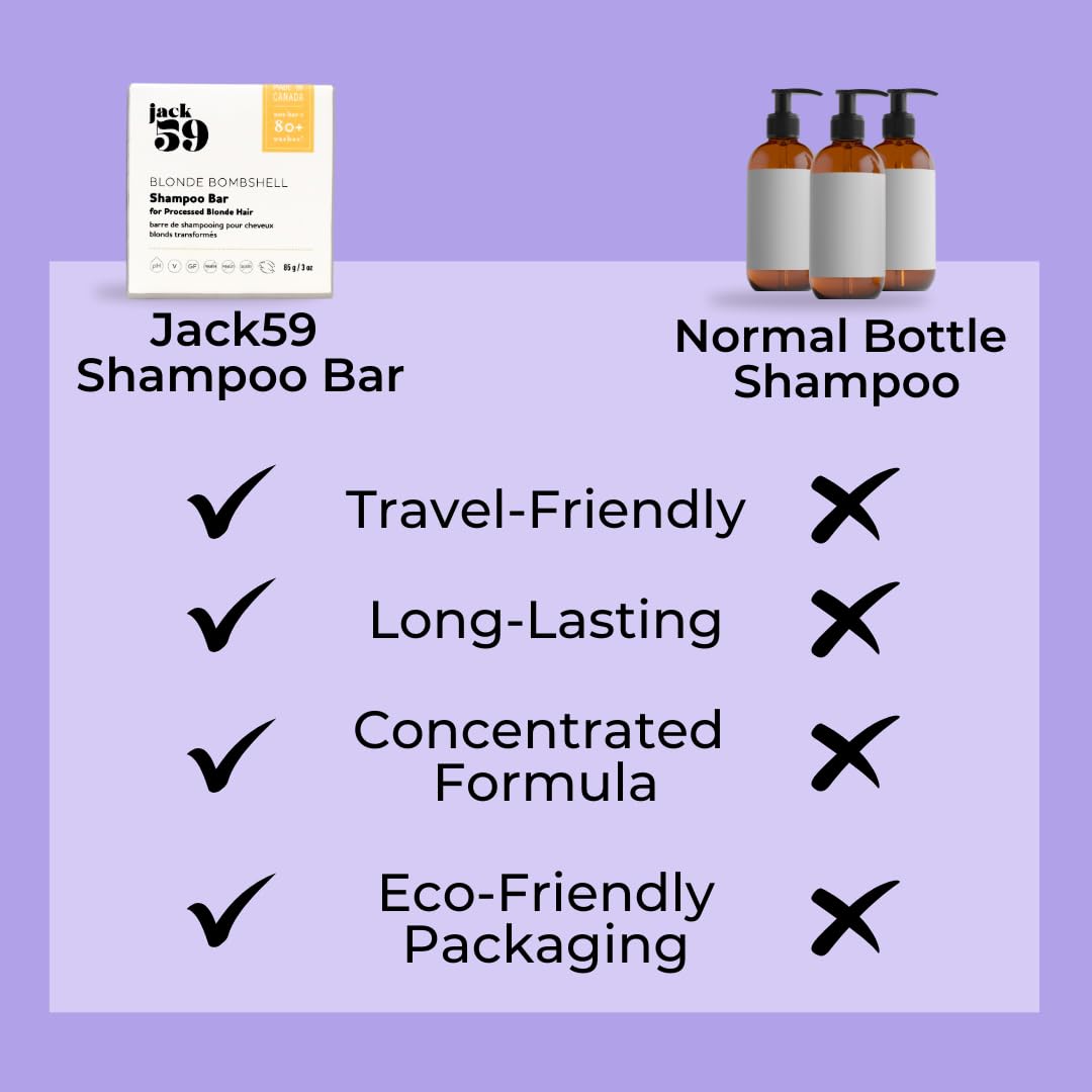 A promotional comparison graphic on a lavender background showing the Jack59 shampoo bar box at top left and three amber pump bottles at top right under the heading 'Normal Bottle Shampoo.' The main panel lists product benefits for Jack59 Shampoo Bar with checkmarks for travel-friendly packaging, long-lasting formula, concentrated formula, and eco-friendly packaging, while crossed-out X marks indicate those same qualities are not claimed for the normal bottle shampoo.