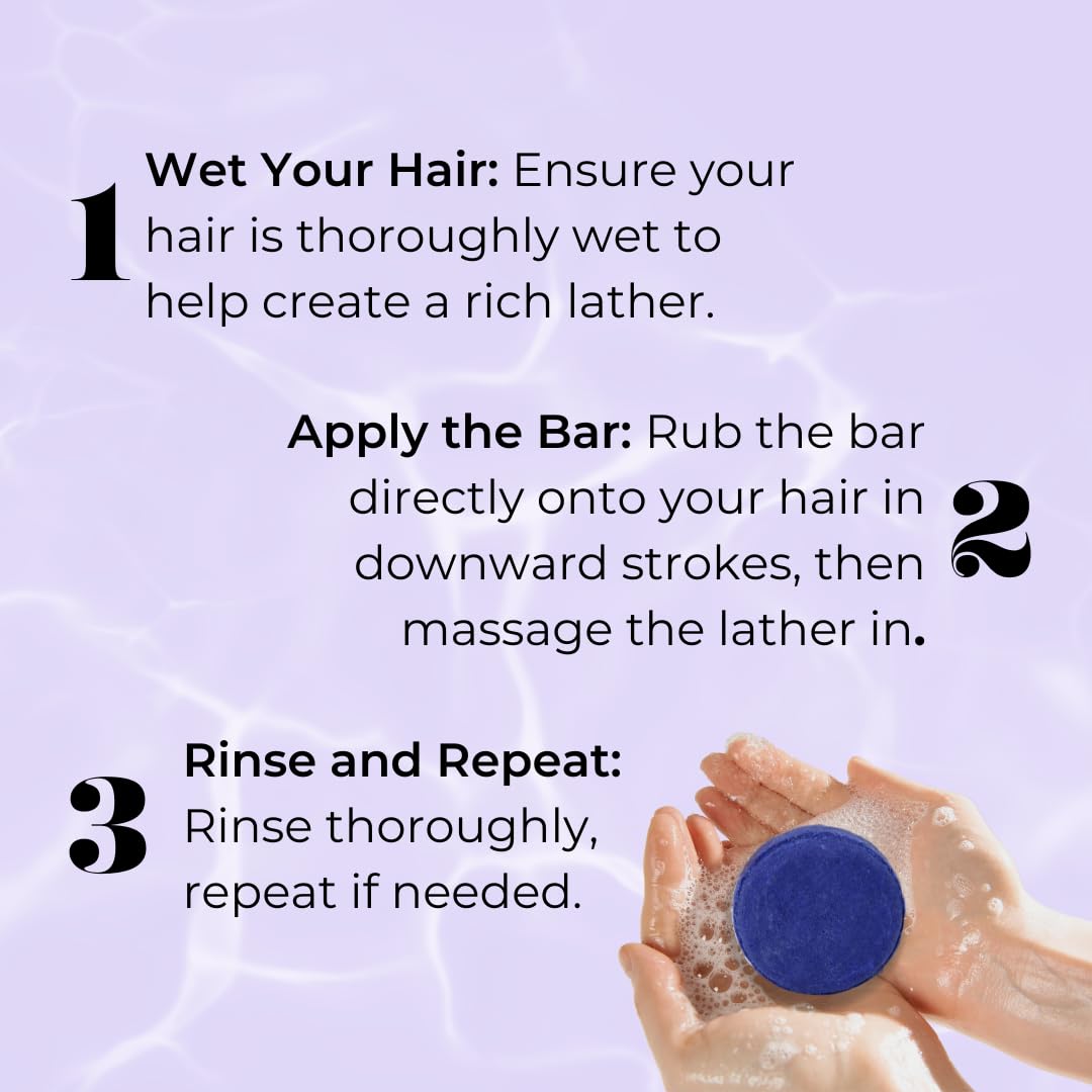Instructional graphic for a lather bar shampoo with three numbered steps: wet hair, apply the blue bar directly onto hair in downward strokes, and rinse. A pair of hands holding a lathered bar is shown in the bottom right corner against a light lavender background with faint water-like textures.