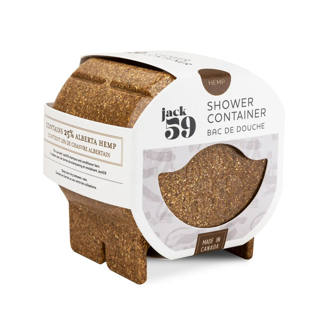 A Jack 59 hemp shower container in its retail packaging, featuring a textured brown hemp fiber body with a white paper label.