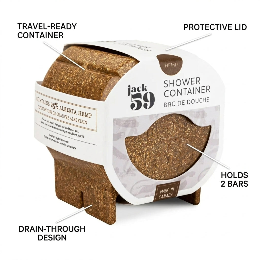 A Jack 59 hemp shower container in its retail packaging, featuring a textured brown hemp fiber body with a white paper label.
