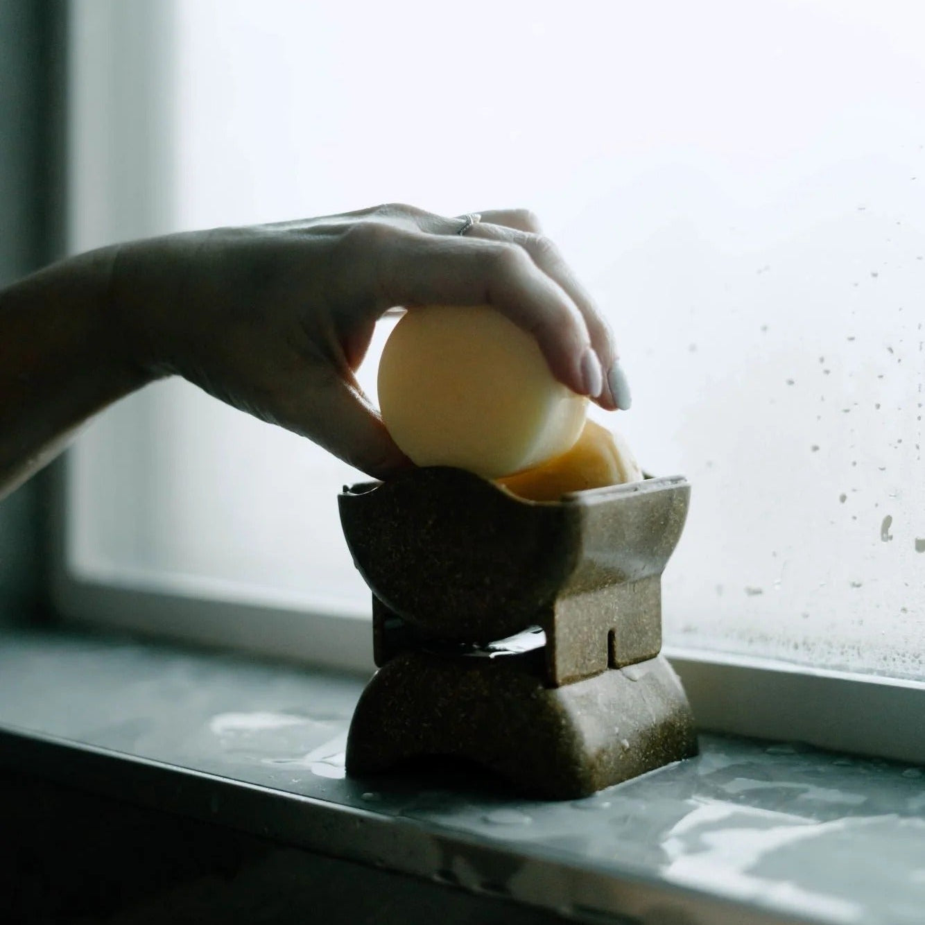 A hand holding a round, pale yellow sponge over a dark brown textured stand on a windowsill with a bright, softly lit window in the background.