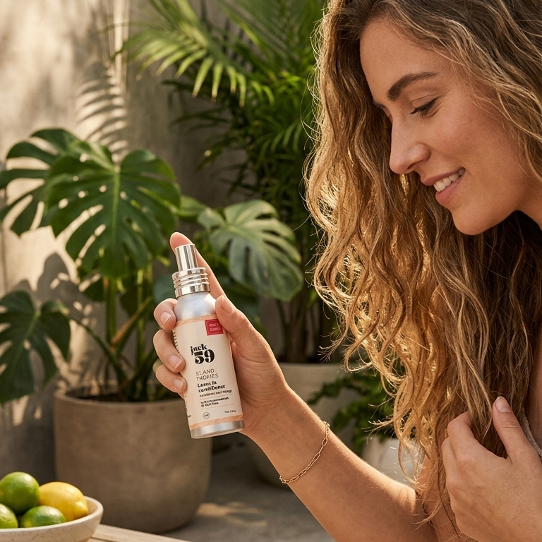 Woman applying sunscreen spray outdoors with plants and a table in the background