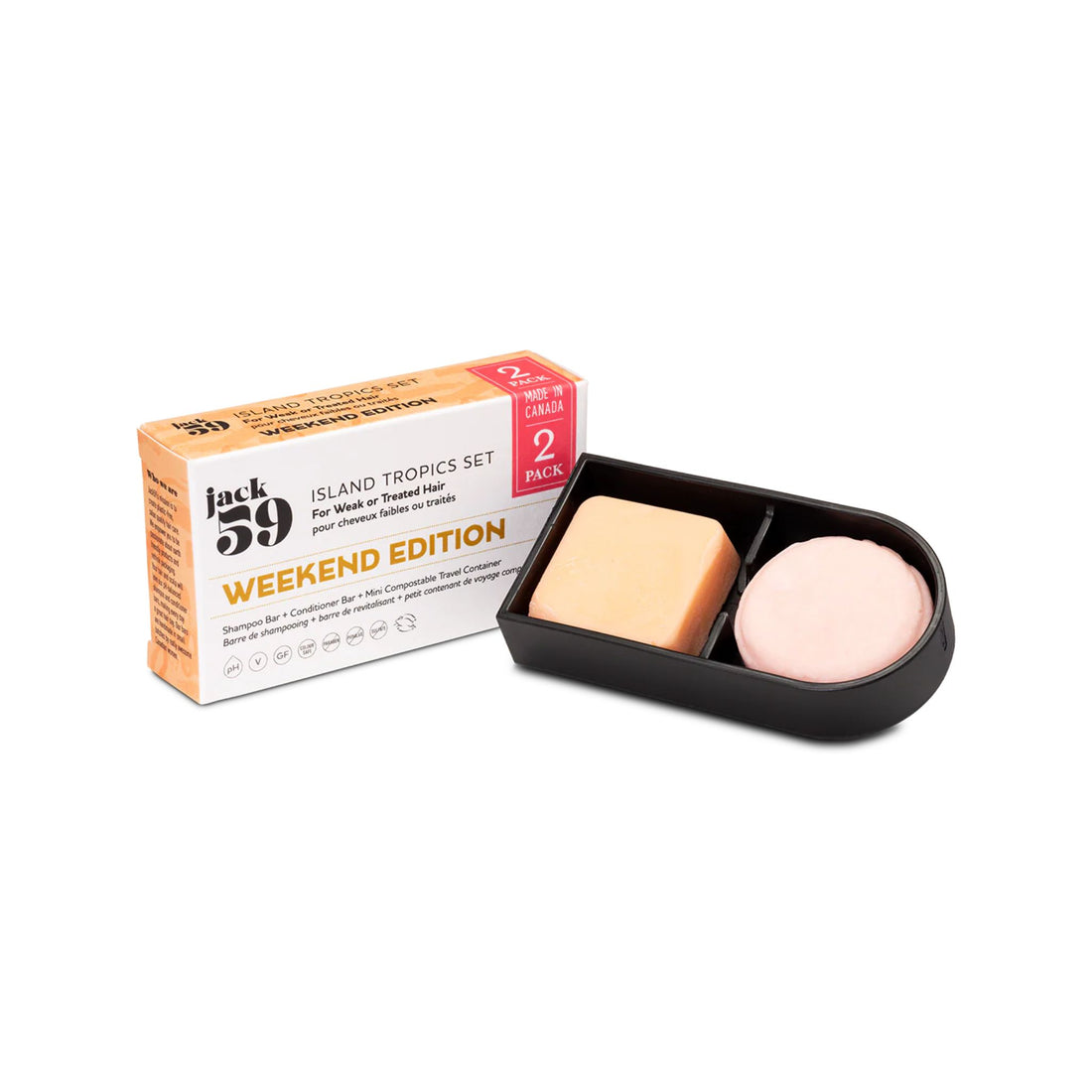 Two soaps in a black dish with packaging labeled 'Jack 39' on a white background