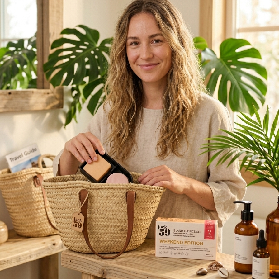 Woman holding a woven basket with skincare products in a bright room with plants