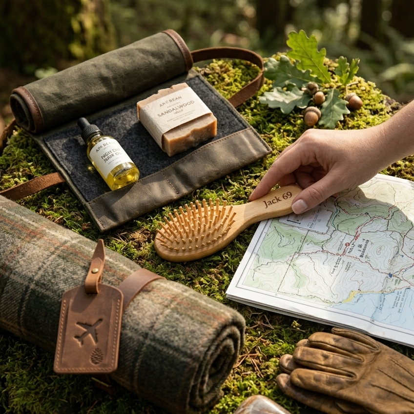 Outdoor setting with travel essentials including a map, brush, soap, and rolled-up blanket on a mossy surface.