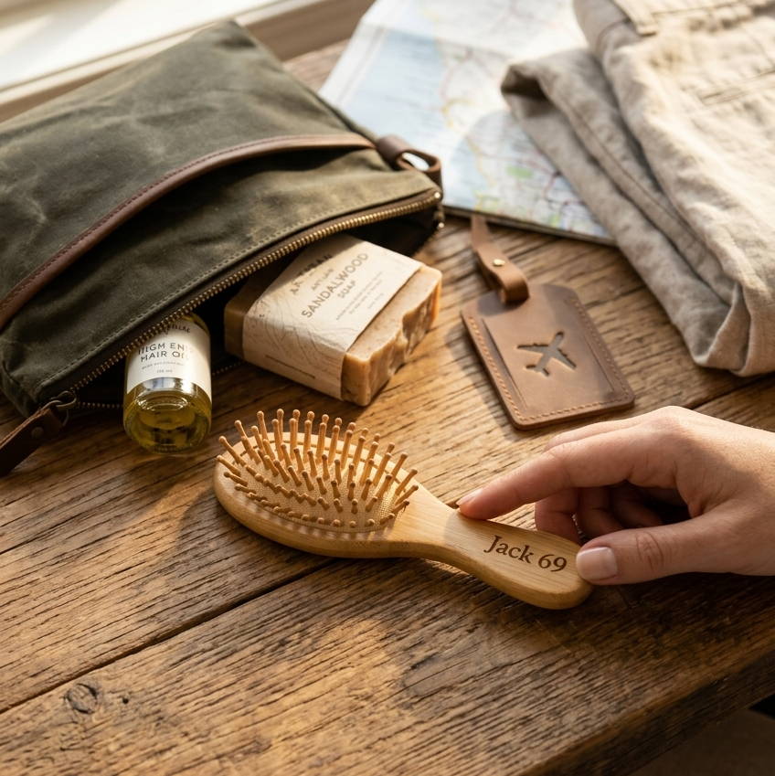 Wooden hairbrush on a wooden surface with a window in the background