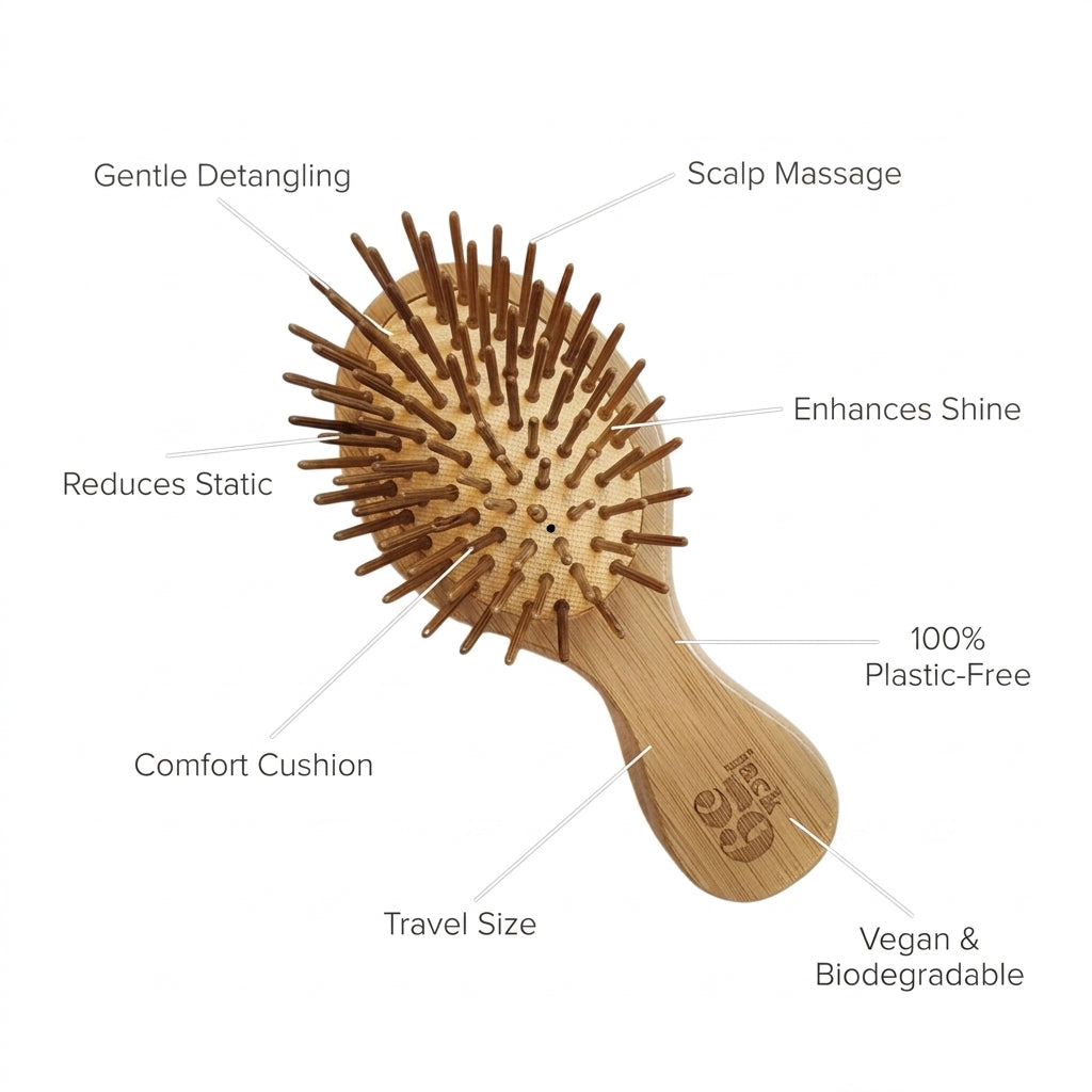 A natural bamboo hairbrush with labeled callouts pointing to features such as gentle detangling, scalp massage, reduced static, enhanced shine, comfort cushion, travel size, and vegan/biodegradable materials, on a plain white background.