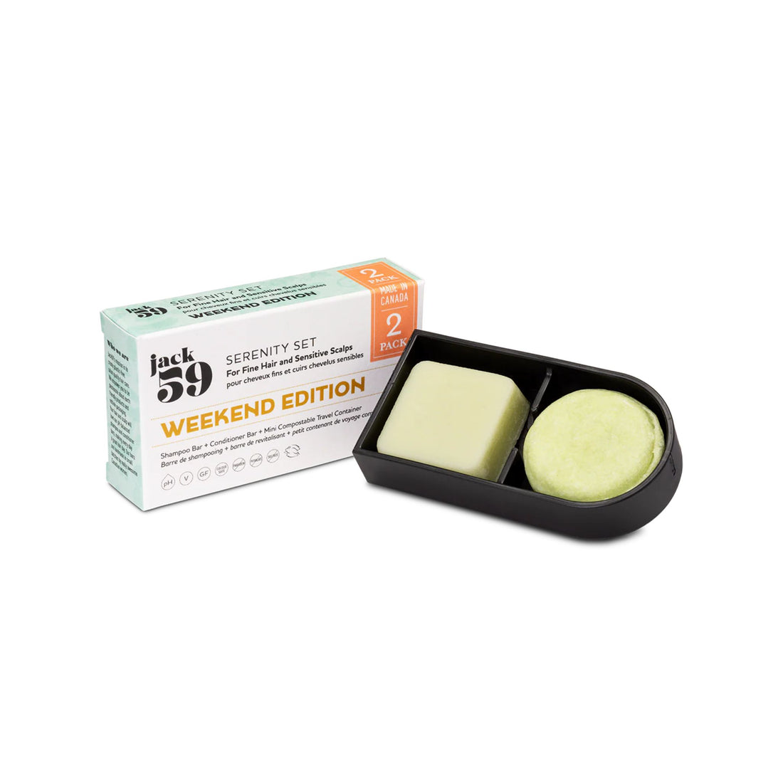 Jack 59 Serenity Set Weekend Edition with two bars of soap in a black container on a white background.