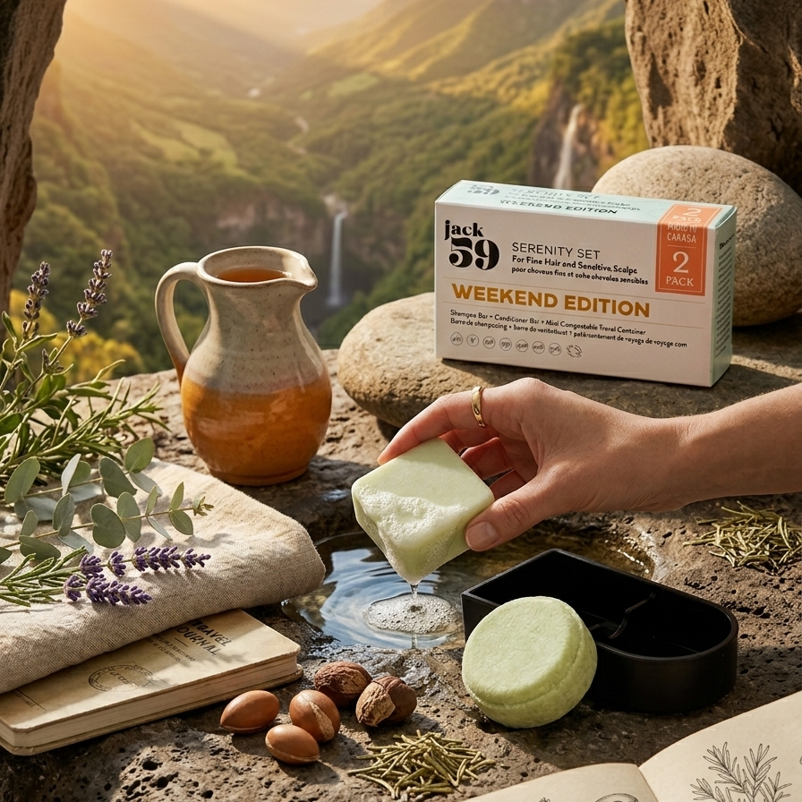 Hand holding a bar of soap with a scenic background of mountains and waterfalls.