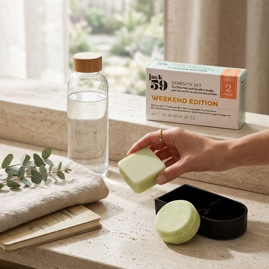 Hand holding a green soap bar next to a box labeled 'Weekend Edition' on a wooden surface with a blurred outdoor background.