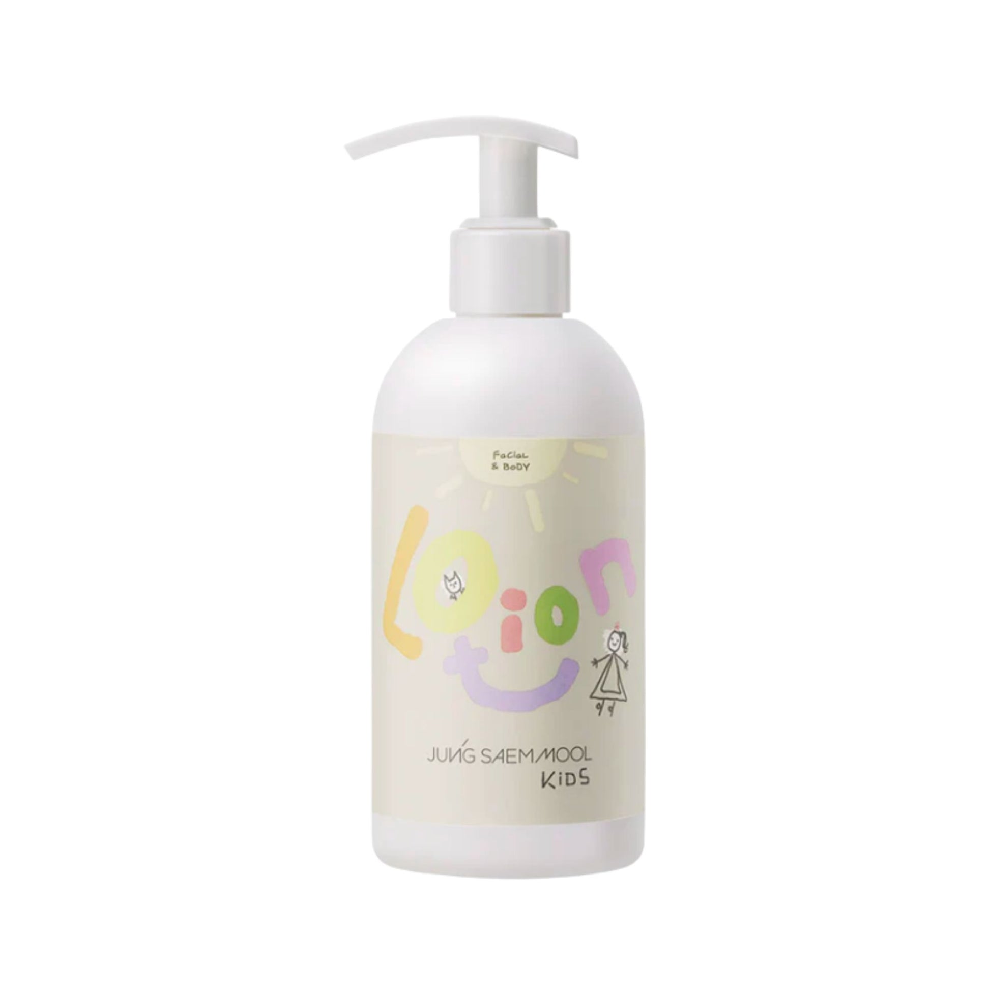 White lotion bottle with colorful text on a white background