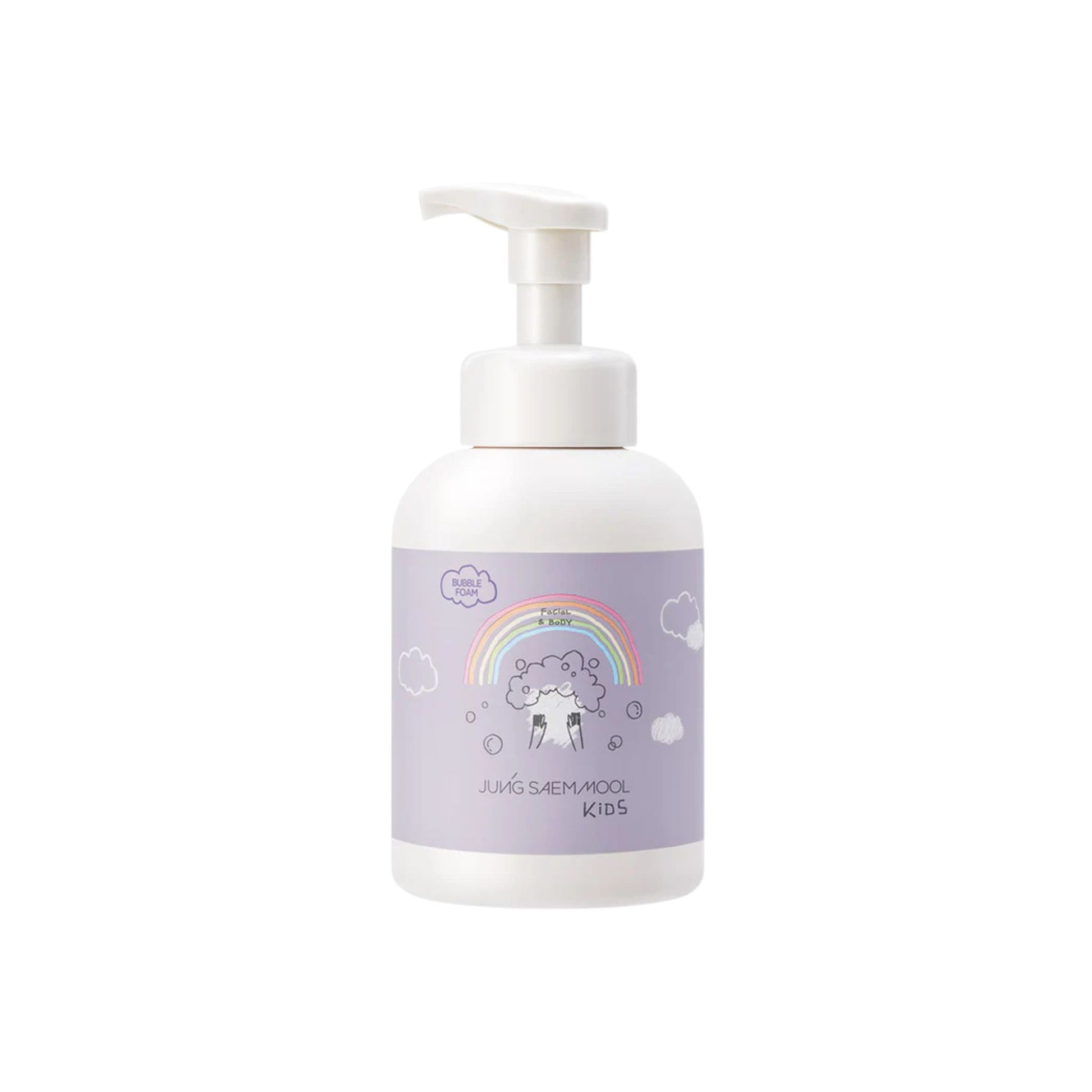 White bottle with a purple label featuring a cartoon character and rainbow on a white background