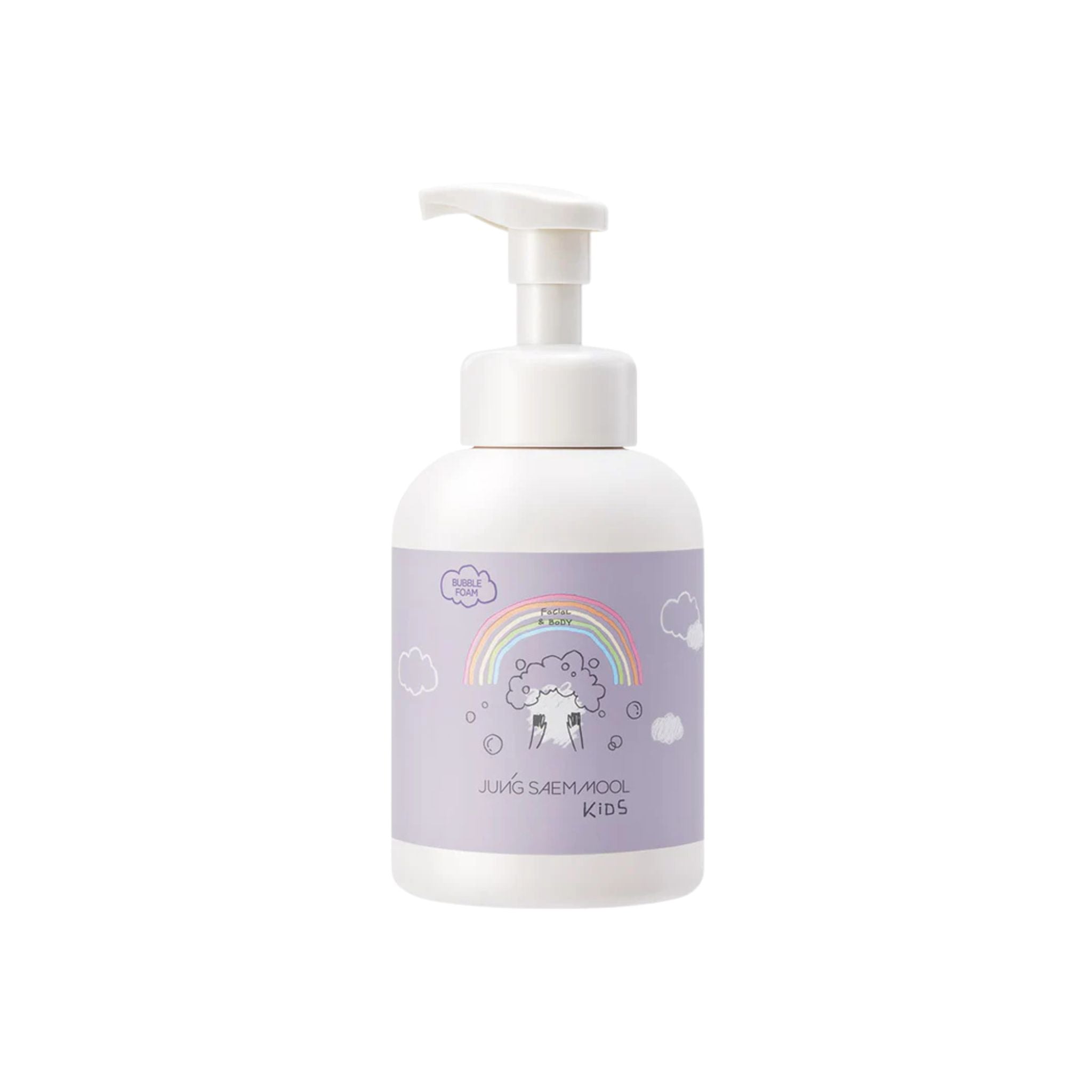 White bottle with a purple label featuring a cartoon character and rainbow on a white background