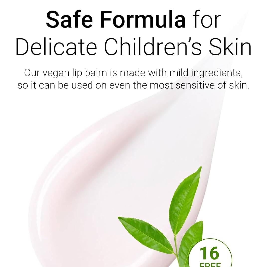 Vegan lip balm with green leaf graphic and text about safe formula for children's skin.