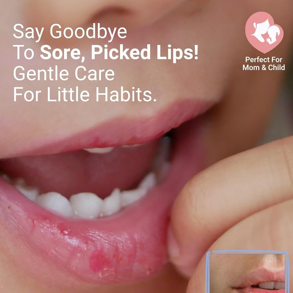Advertisement for a product to care for sore, picked lips with a close-up of lips and text.