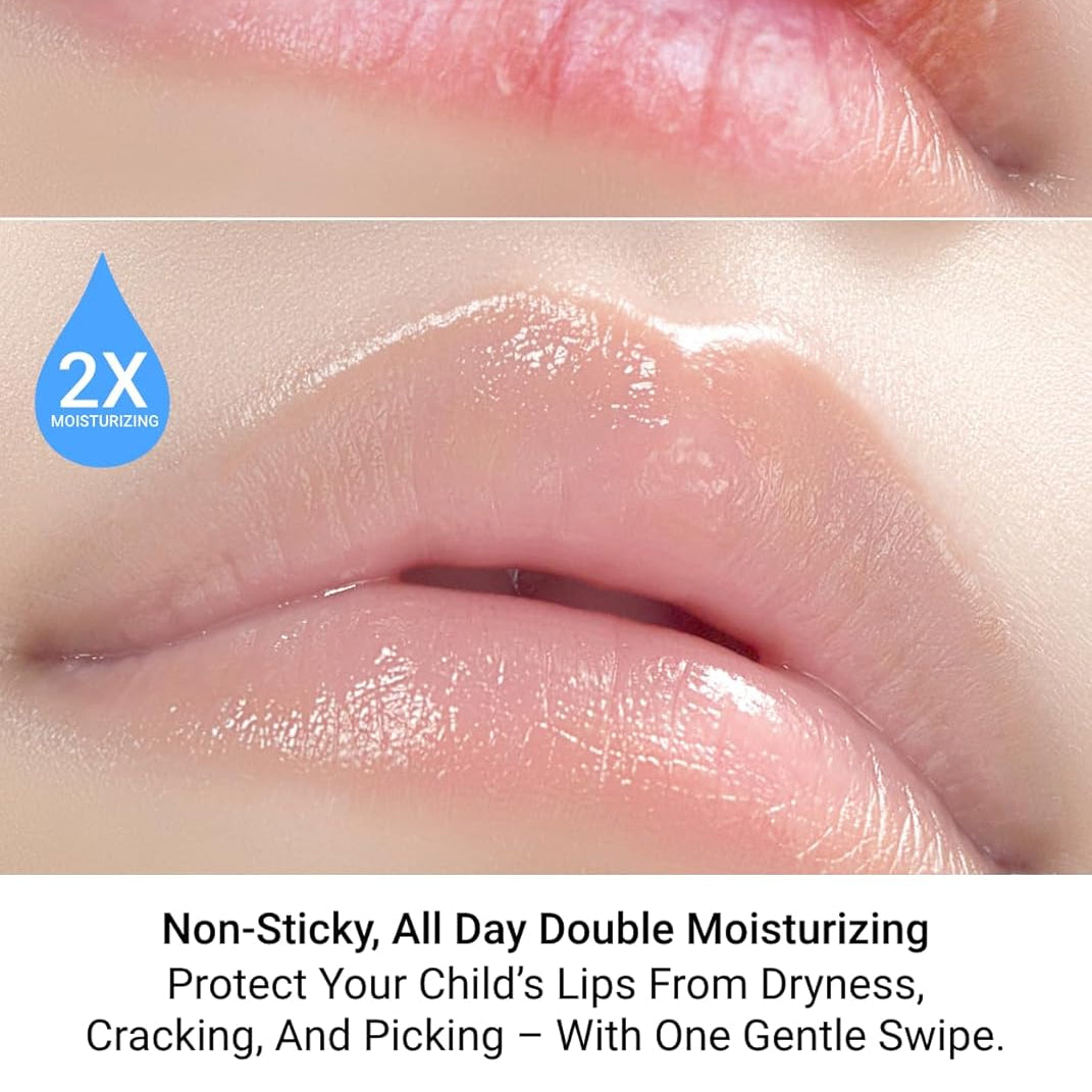 Close-up of lips with moisturizer application, showing 2X moisture protection label.