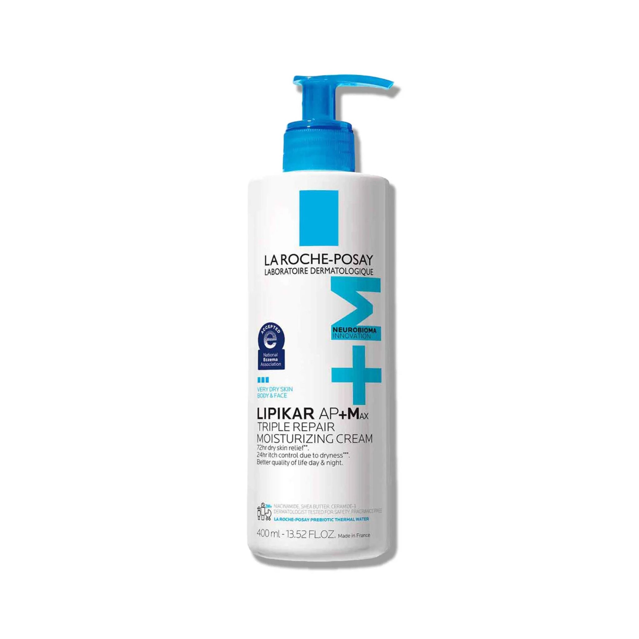 A white pump bottle of La Roche-Posay Lipikar AP+M Triple Repair Moisturizing Cream with a bright blue pump and blue graphic accents on the label, set against a plain white background.