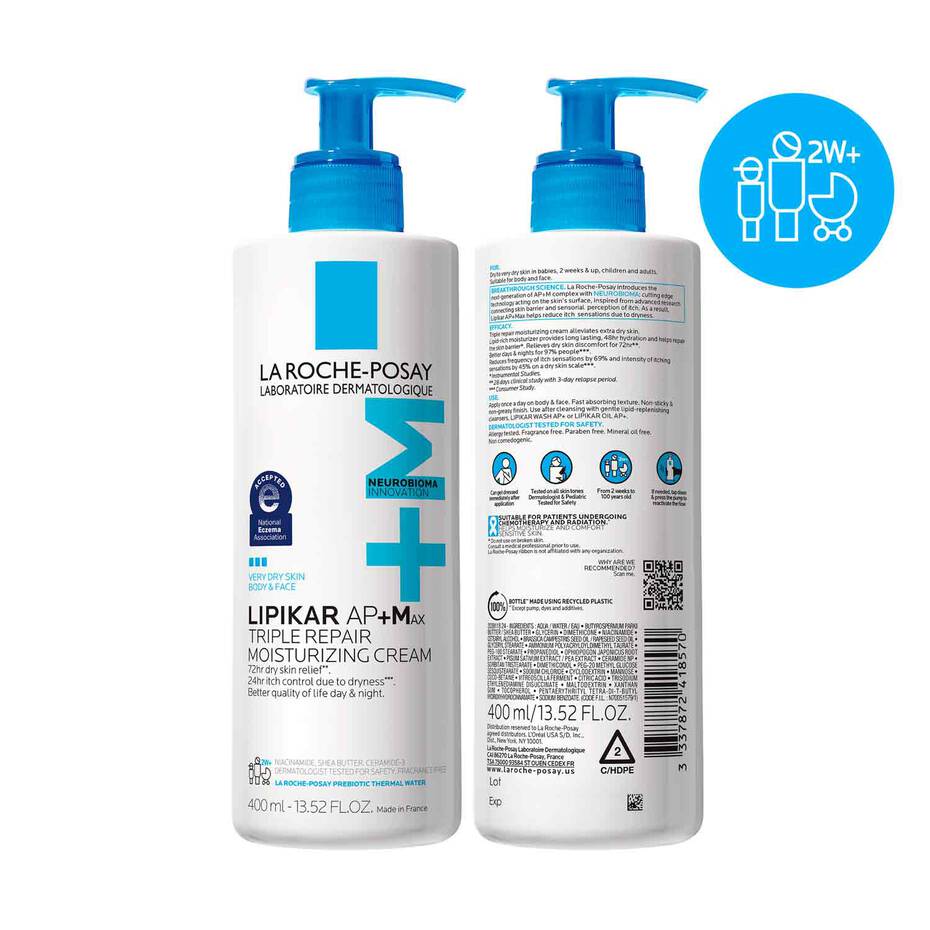 Two bottles of La Roche-Posay Lipikar AP+Mx Triple Repair Moisturizing Cream shown on a white background, with one bottle displaying the front label and the other showing the back. A blue circular icon overlay in the top right indicates 2W+ protection.