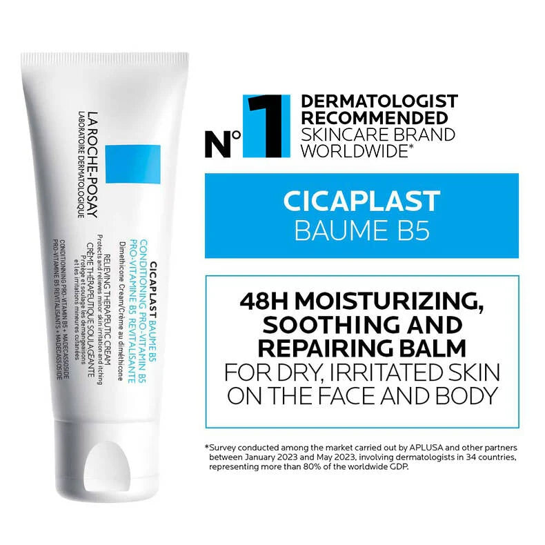 La Roche-Posay Cicaplast Baume B5 infographic – moisturizing, soothing, and repairing balm for dry skin.
