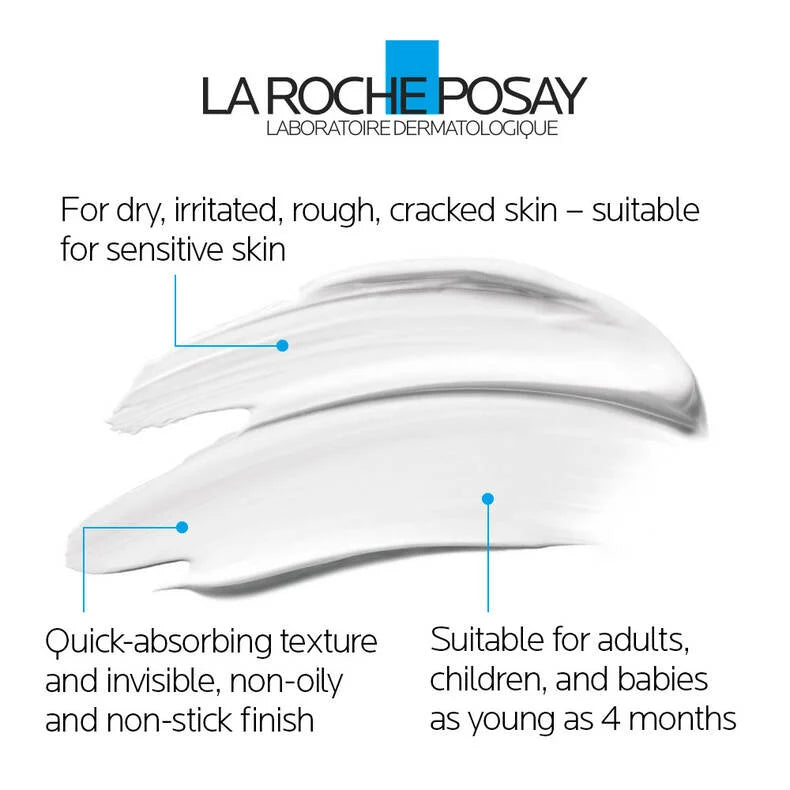 Cicaplast Baume B5 cream texture with product benefits for all ages and sensitive skin.