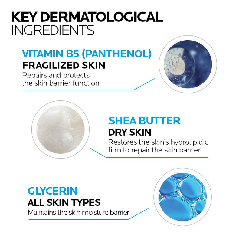 Key ingredients graphic – Vitamin B5, Shea Butter, and Glycerin.