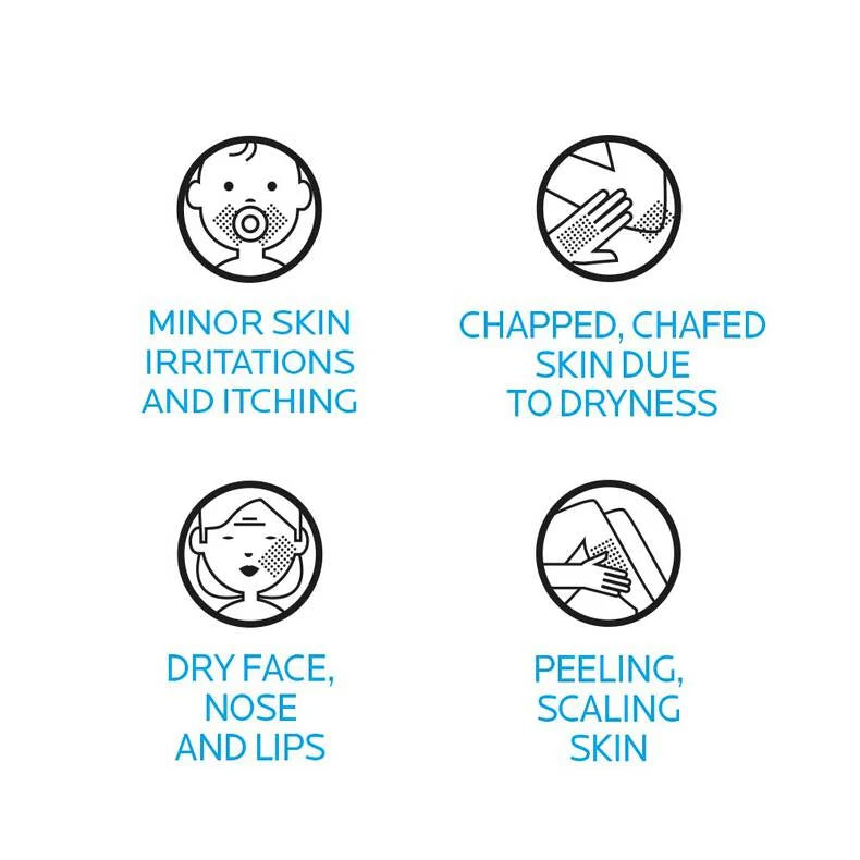 Illustrations of Cicaplast Baume B5 uses – minor irritations, chapped skin, dry face, peeling skin.