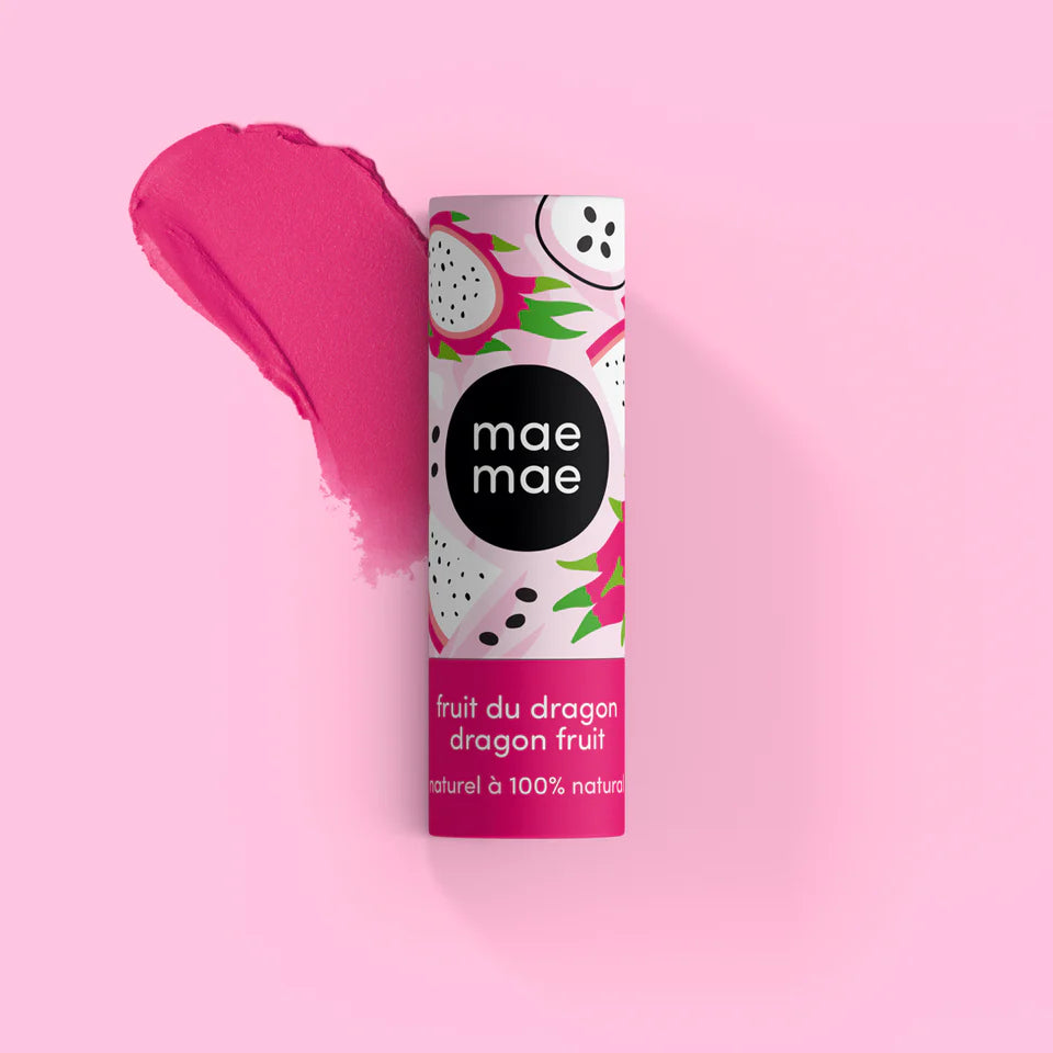 Pink lip balm with 'mae mae' branding on a pink background