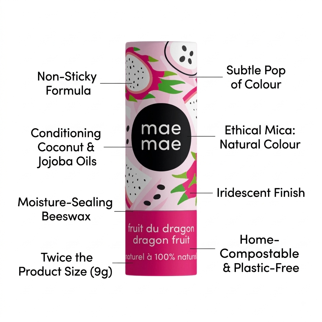 A 9g stick product from the brand mae mae, featuring a pink and white dragon fruit design with a black circular logo. The image includes multiple text callouts pointing to product features like 'Non-Sticky Formula', 'Ethical Mica: Natural Colour', and 'Iridescent Finish' against a plain white background.