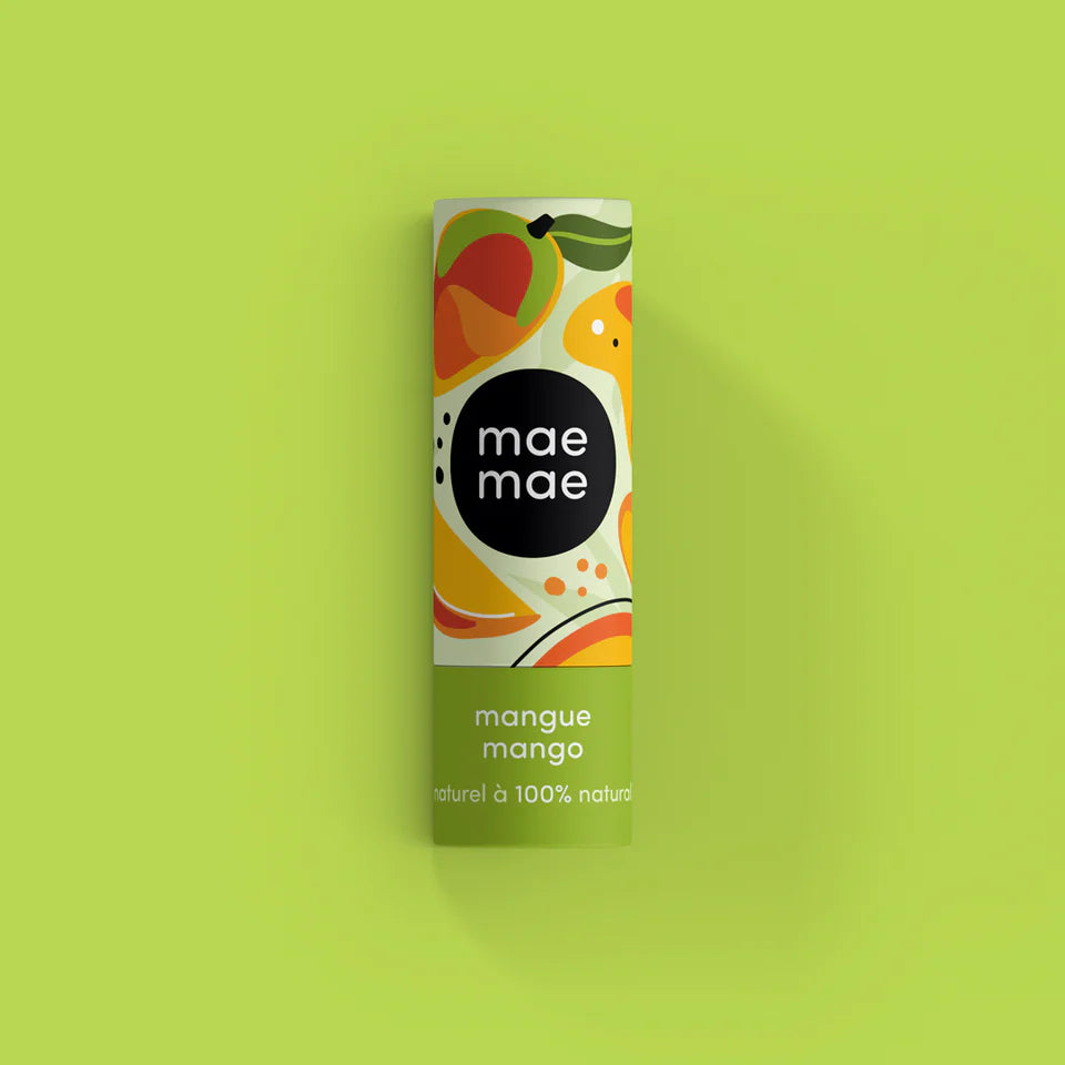 Mango-flavored product packaging with 'mae mae' branding on a green background