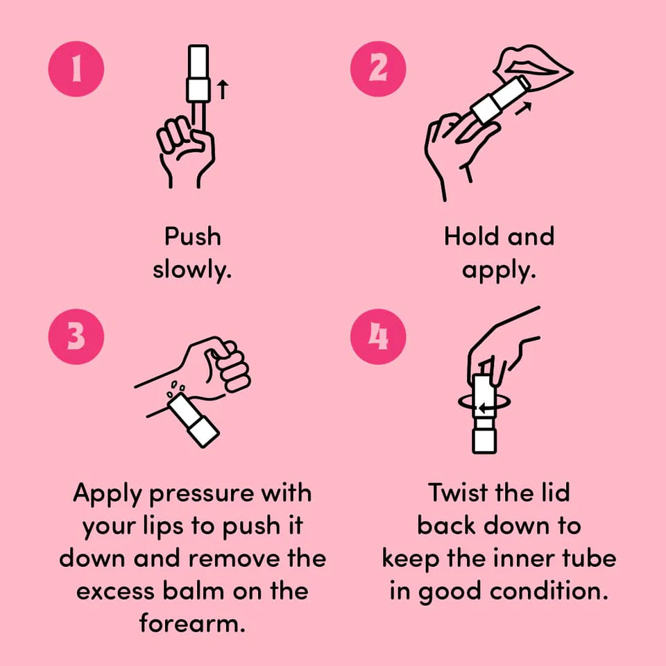 Instructions for using a lip balm on a pink background